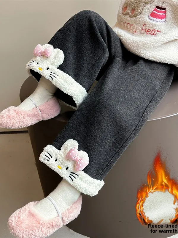 กางเกงขายาวเด็กผู้หญิง ลายพิมพ์น่ารัก เอวสูง ผ้าหนา อุ่น ใส่สบาย ทรงตรง ปลายขาจั๊มพ์