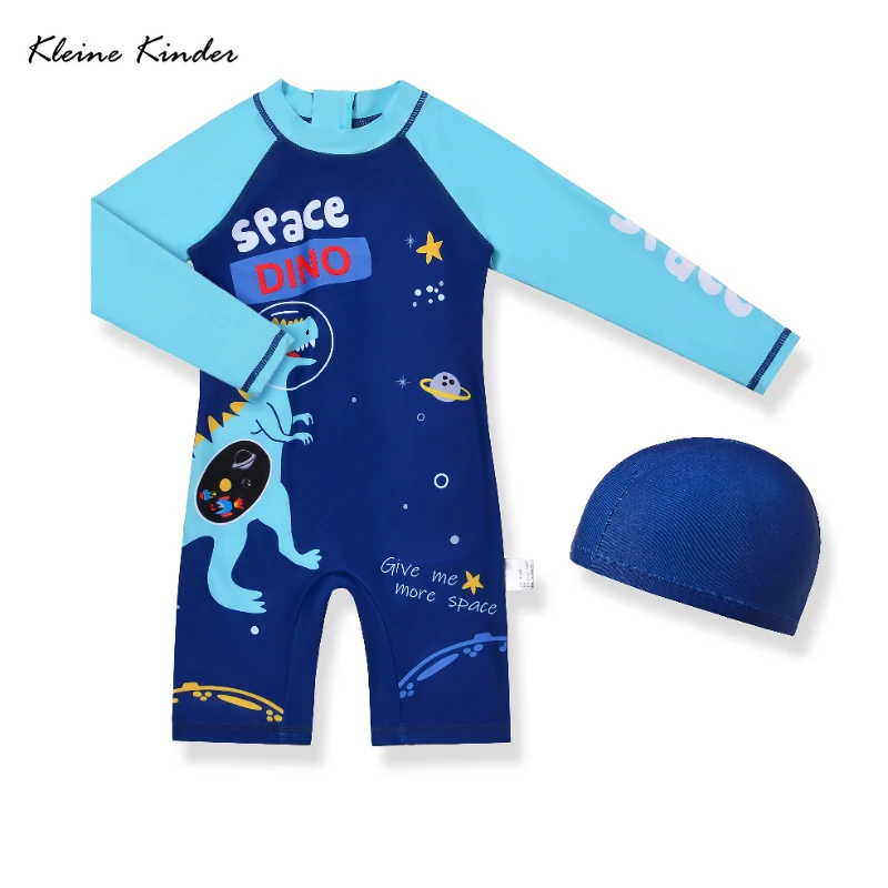 

Baby Boy Swimwear Dinosaur Print Long Sleeve Swimsuit Boy One-Piece Rashguard with Swim Cap Beach Surfing Swimming Bathing Suit
