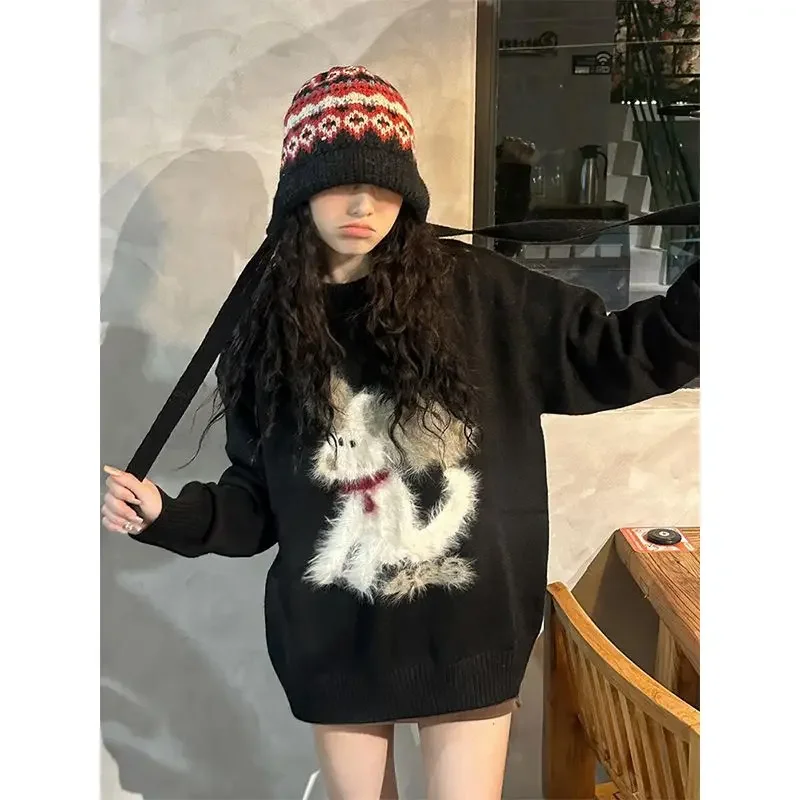 GAGAOK Casual Sweet Dog Jacquard Knitted Pullover Woman Clothing 2024 Autumn Round Neck Black Sweaters Gentle Pull Femme