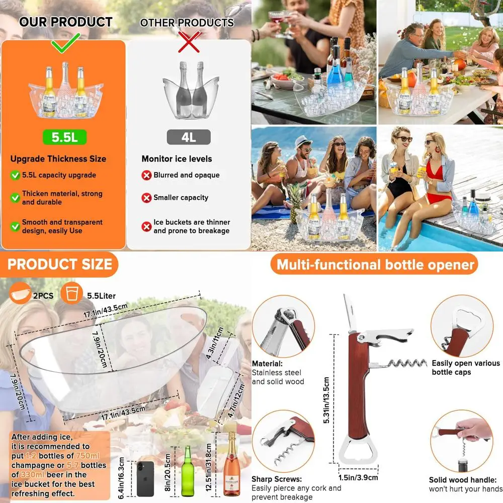 

Double 5.5L Beverage Tubs for Parties, Portable Drink Coolers, Large Clear Drink Containers with Scoops, Ideal for Cocktails, Wi
