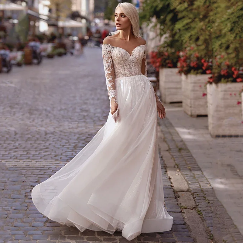

Customized Elegant Long Sleeve Wedding Dresses A-Line Glitter Tulle Sheer Neck Lace Appliques Bridal Gown Vestidos De Novia