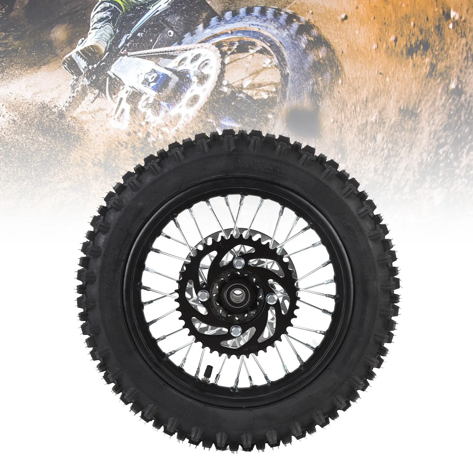 

80/100-12 Rear Wheel Rim Enhanced Grip Anti Aging Rear Wheel Rim Tire Assembly Improved Traction with Brake Rotor for Dirt Bike