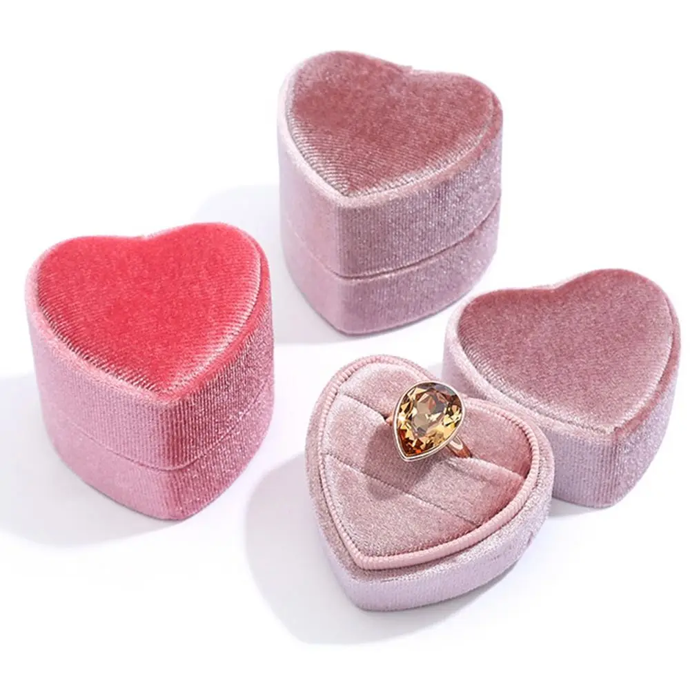 Caja de exhibición de anillos en forma de corazón de boda duradera, caja de almacenamiento de anillos dobles con tapa desmontable, caja de joyería de terciopelo