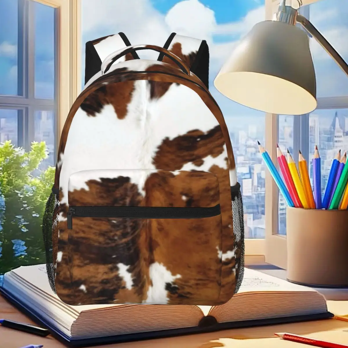 

Brindle Cow Hide Backpack Student Boys Girls BookBag Kids School Bag Computer Shoulder Bags for Men Women