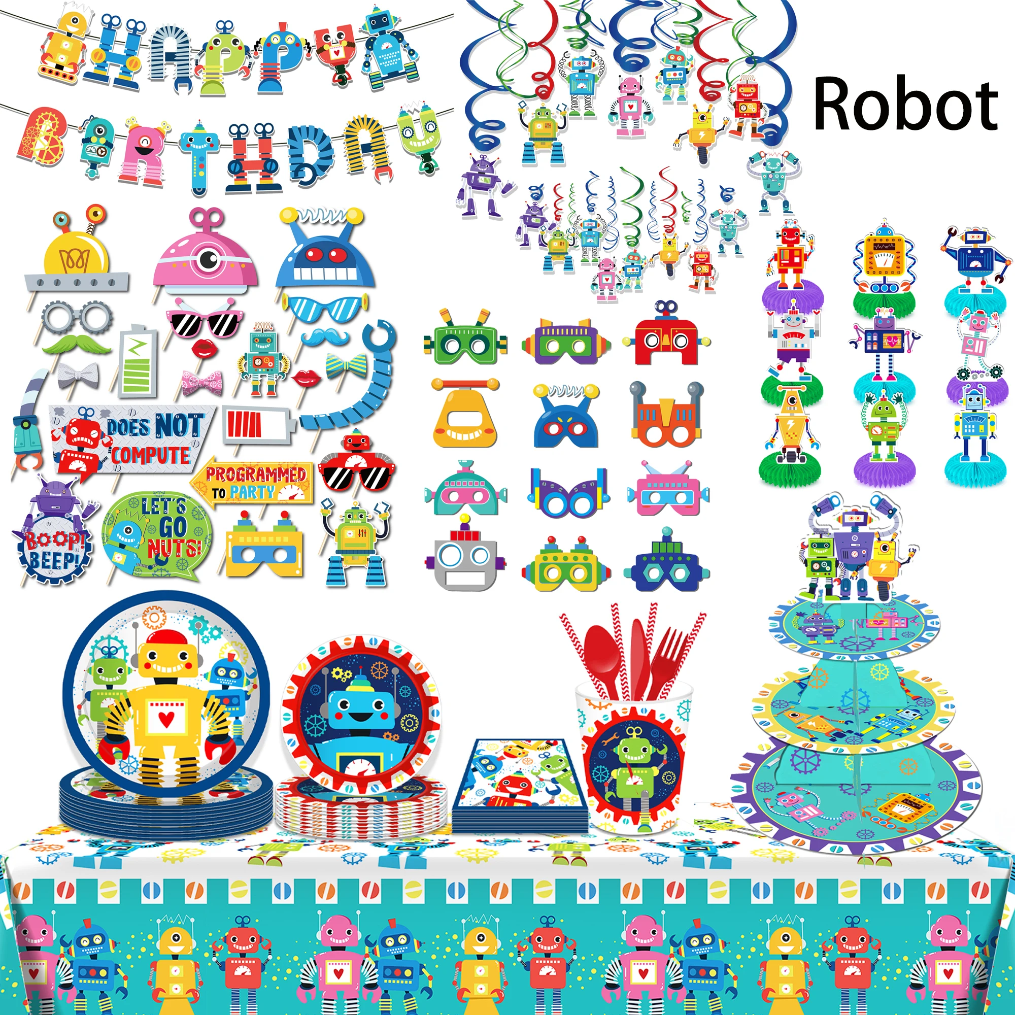 Robot Party Disposable Tableware Set Cartoon Robots Kids Birthday Facial Paper Masks Glasses Photo Props Baby Shower Party Decor