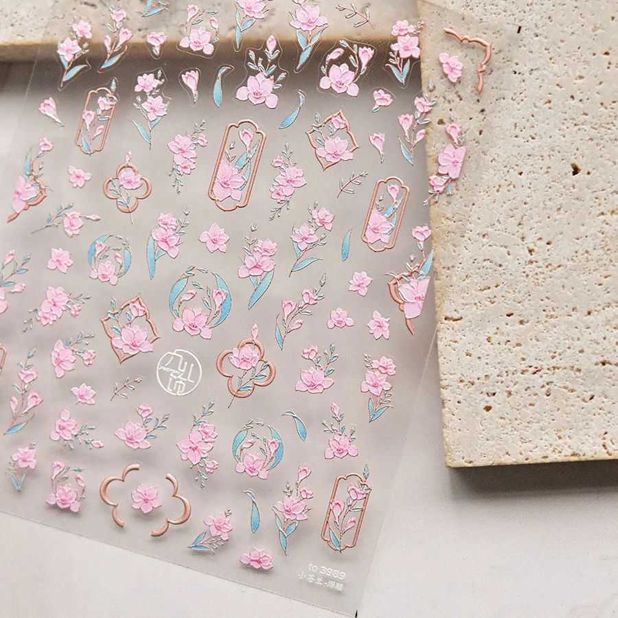 1pcs 5D Kawaii Sweet Flower Nail Art Sticker Exquisite Embossed Pink Canglan Stickers Nail Decoration Slider Decals Accessories