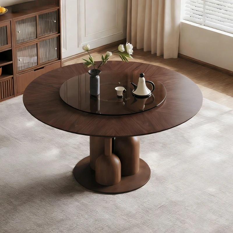 Modern minimalist natural oak round dining table tempered glass turntable