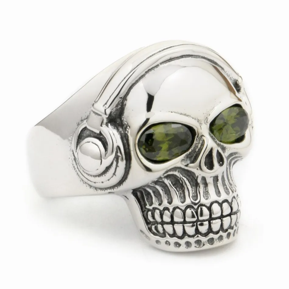 

Olive Green CZ Eyes 925 Sterling Silver DJ Skull Studio Music Headphone Ring Biker Rock Punk Jewelry 8Y311 US Size 7 to 15