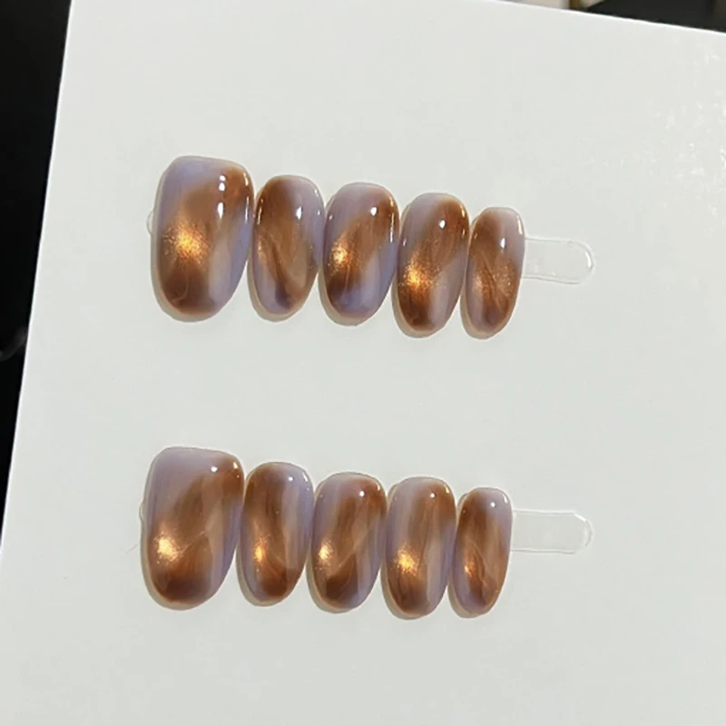 10 stks/zak Goudbruin Licht Paars Smog Ontwerp Gedimde Effect Handgemaakte Druk Op Nagels Korte Ovale Afneembare Kunstnagels