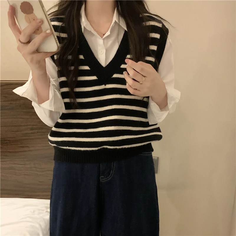 Y2K Preppy Style Simple Women Sweater Vest Winter Fashion Pullover Elastic Knit Ladies Jumper Casual Stripped Female Basic Tops