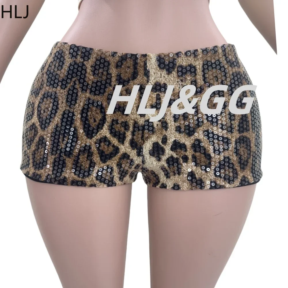 HLJ&GG Y2K Fashion Letter Harajuku Tshirts Two Piece Sets Women O Neck Short Sleeve Crop Top And Leopard Sequin Shorts Outfits