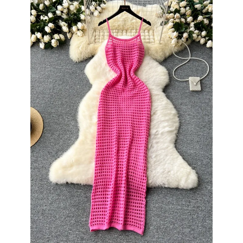 Holiday Hollow-out Mesh Sling Sexy Knit Dress Women Summer New Fashion Stacked Wear Outer Lining Midi Slim-fit Vest Blouse Dress