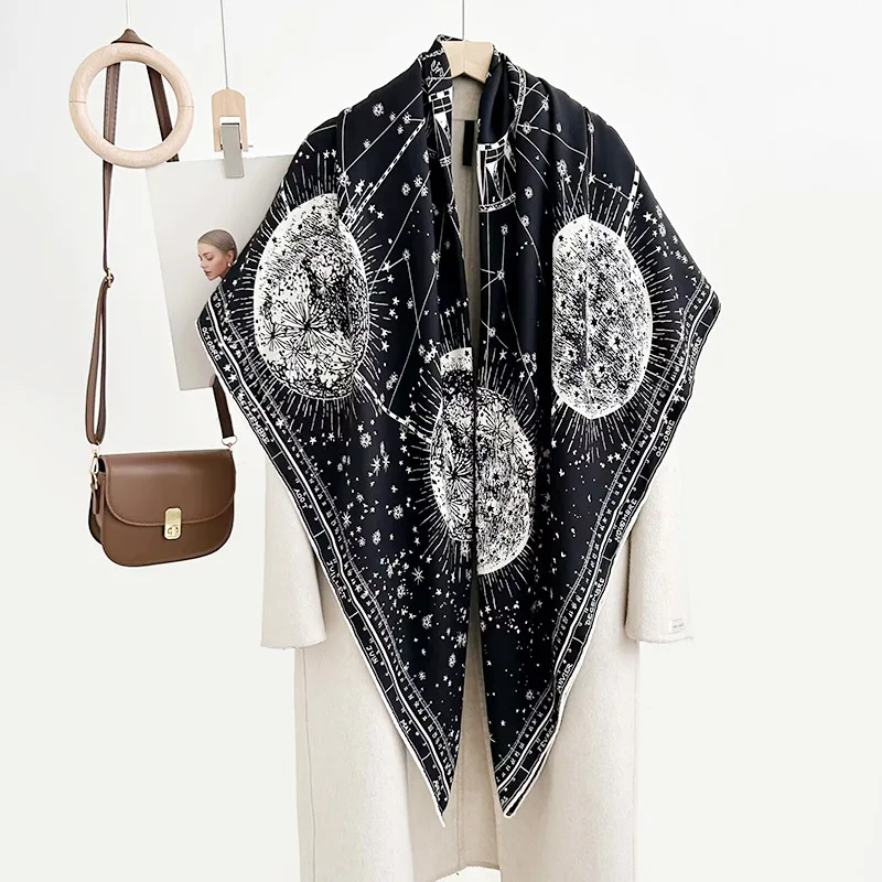 

Herringbone Texture Black and White Star Moon Wool Large Kerchief High Quality Scarf All-Match Shawl Four Seasons Light Luxury
