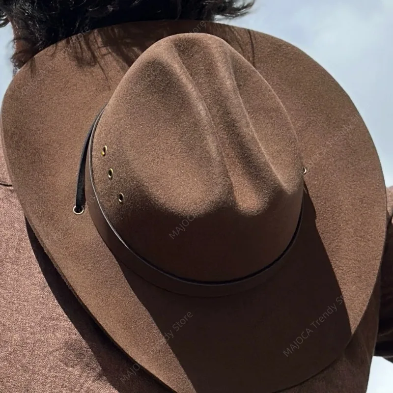 Unisex American Western Cowboy Hat Hard Wool Felt Wide Brim Fedora Vintage Style for Camping Horseback Riding For Men Women