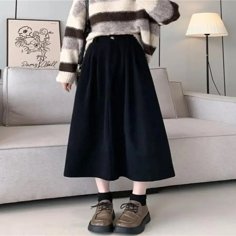 レトロコーデュロイスカート女性ハイウエストミディ A ラインプリーツスカートミニマリスト黒スカート女性のためのカジュアル秋冬ファッション