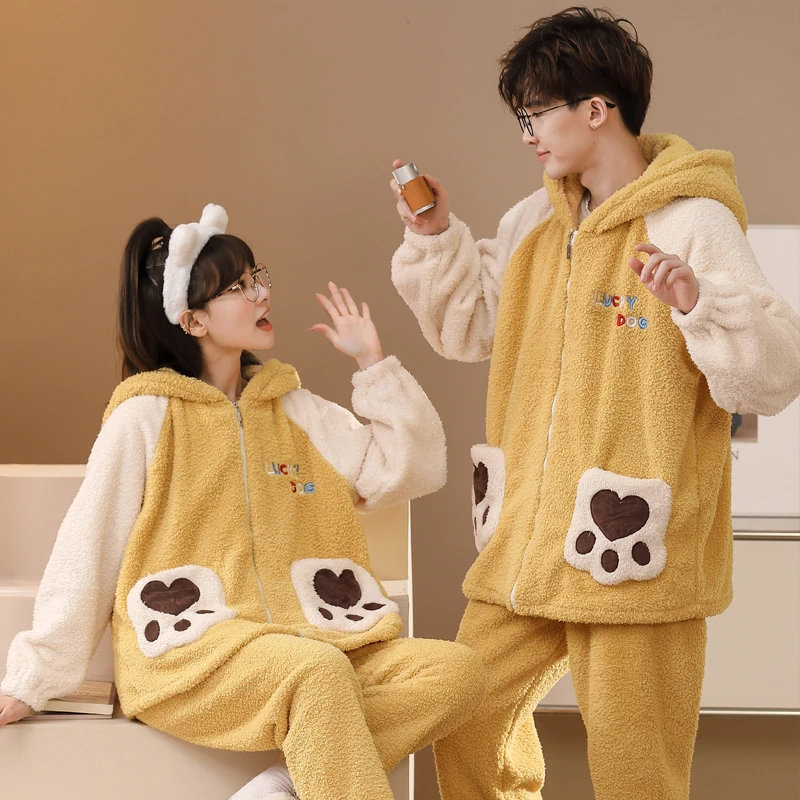 Couple Pajamas Sets Warm Thick Flannel Sleepwear Plush Winter Zipper Pajama Sets Cartoon Shiba Inu Hoodies Female Male Pyjamas