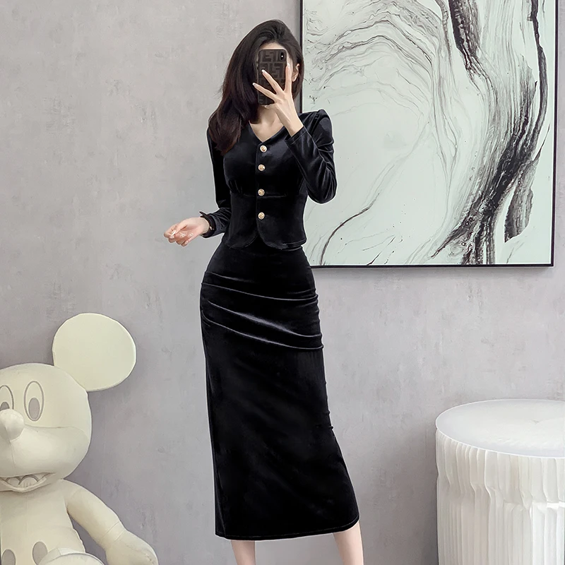 Autumn Top Skirt Two-piece Sets Women Elegant Banquet V-Neck Long Sleeve Slim Celebrity Style Velvet High Waist Solid Skirt Suit