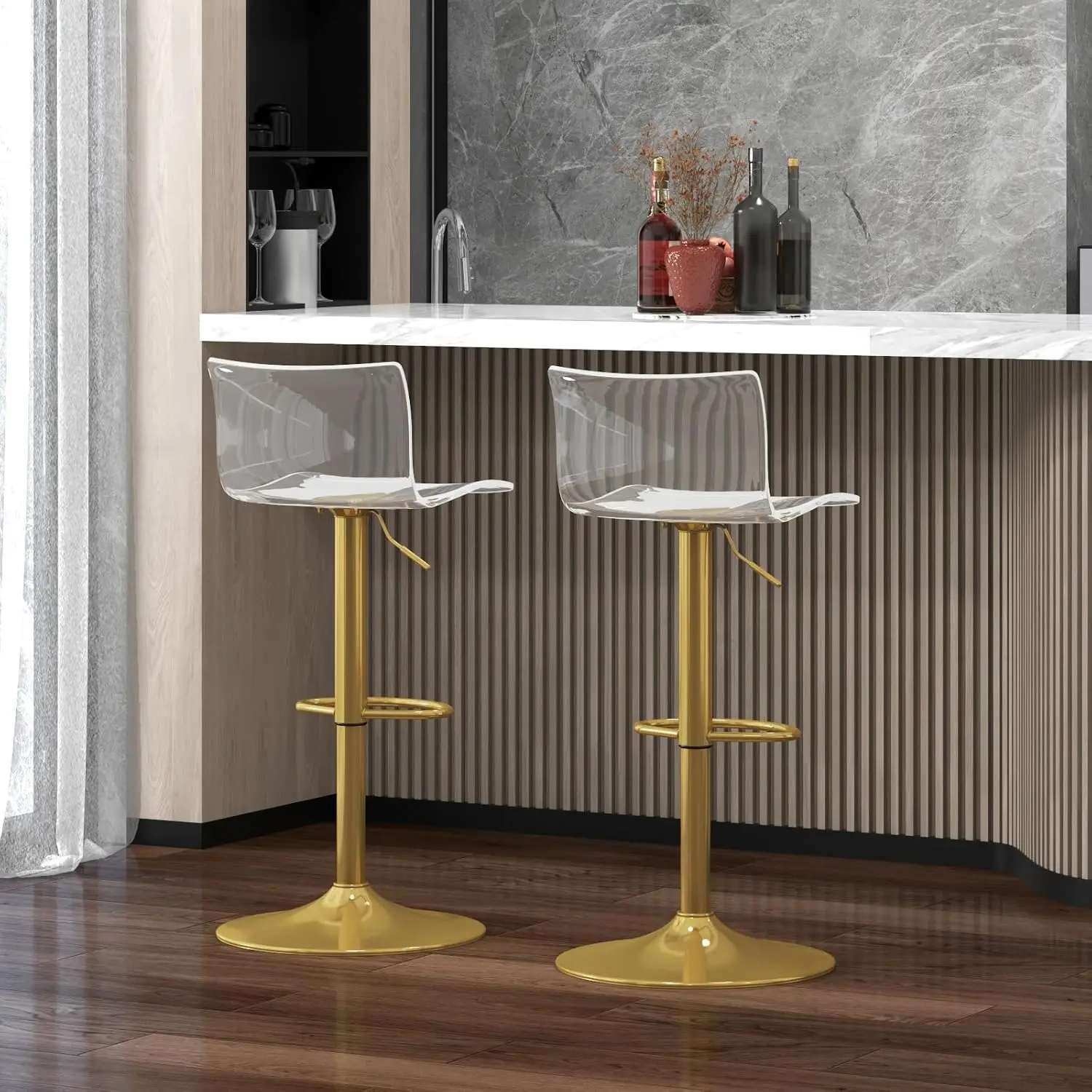 Taburetes de Bar Acrílicos con Respaldo Medio, Juego de 2, Transparentes, Ajustables, Giratorios, con Elevación Neumática, Altura de Barra, Personalizables