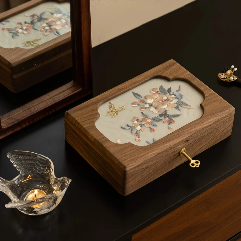 Embroidered Jewelry Storage Box High Grade Solid Wood With Lock New Chinese Style Birthday Wedding Gift For Bride Bridesmaid