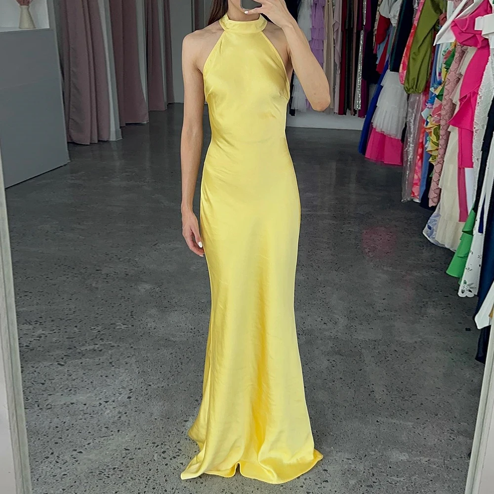 Straight Floor Length Halter Satin Special Occasion Evening Dress Sleeveless Yellow Elegant Pleats Bespoke Occasion Gowns