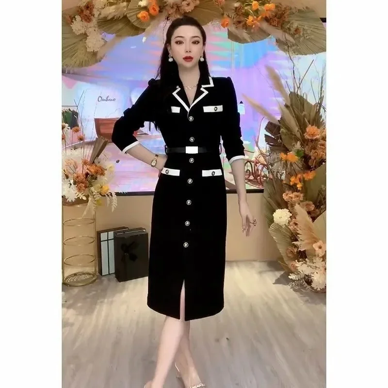 

Women Fashionable Button Decoration Small Fragrant Autumn Long Sleeve Dress Light Luxury High Waist Thin Mid Length Dress A29