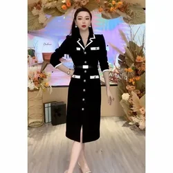 Women Fashionable Button Decoration Small Fragrant Autumn Long Sleeve Dress Light Luxury High Waist Thin Mid Length Dress A29