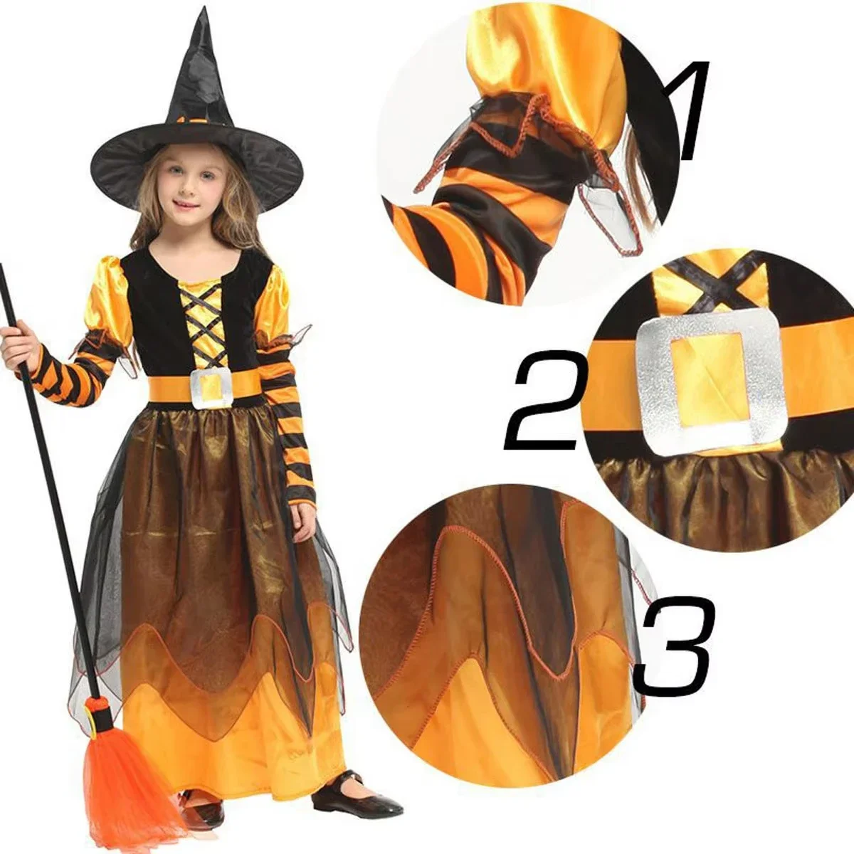 Kinder Rollenspiel-Kostüm Mädchen Hexen-Cosplay-Kleid mit Hut Besen Langarm Tüll Halloween Kostüm für Karnevalsparty – Detail 13