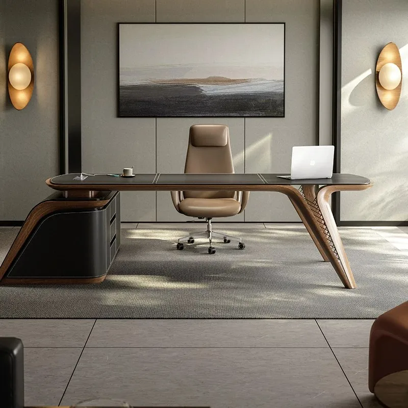 YJQ high-end light luxury saddle leather desk villa large household study solid wood president desk