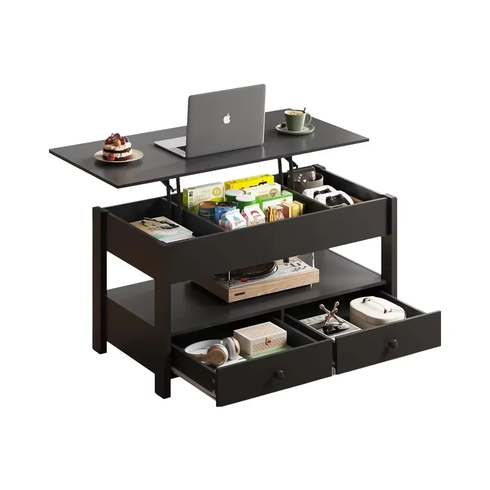 WLIVE 100cm Lift Dining Table Black Coffee Table with 2 Drawers and Large Hidden Compartment for Living Room