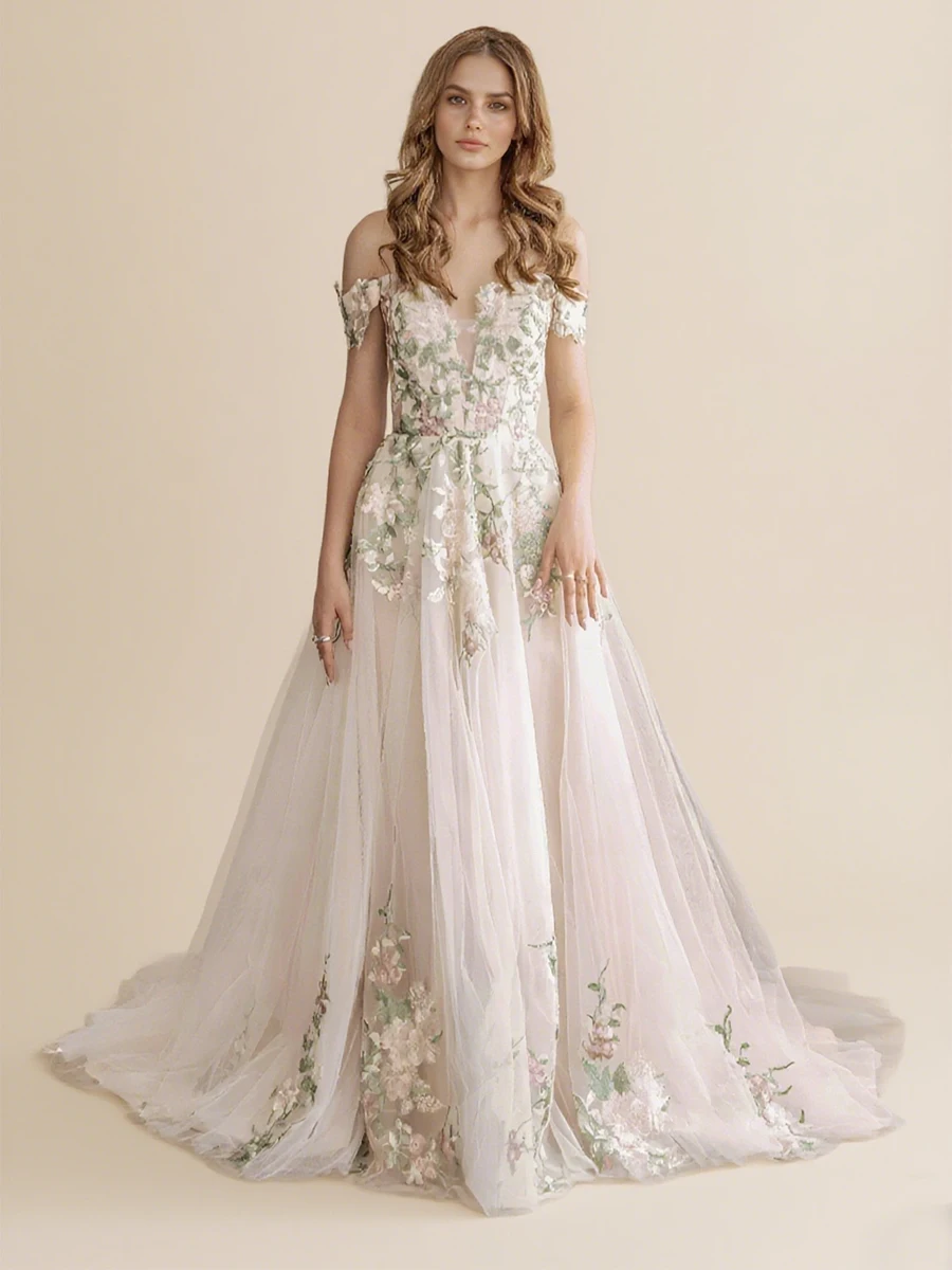 

A-line Colorful Lace Women's Evening Dress Wedding Dresses Guest 2025 Off the Shoulder Sleeves Flowy Outdoor Boho Elegant Gowns