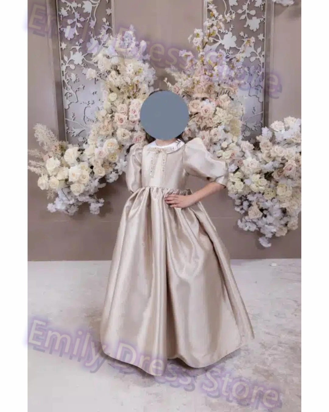 

Индивидуальное платье для девочки-цветочницы на свадьбу, с высоким воротом, из атласа, с рукавами до локтя, пышное, для детского дня рождения, для первого причастия