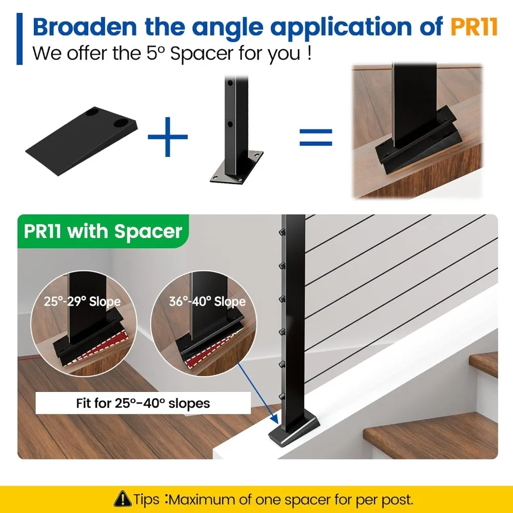 Muzata 3-6.6ft Adjustable Black Cable Railing System for Sloped Areas with 36 Post and Handrail