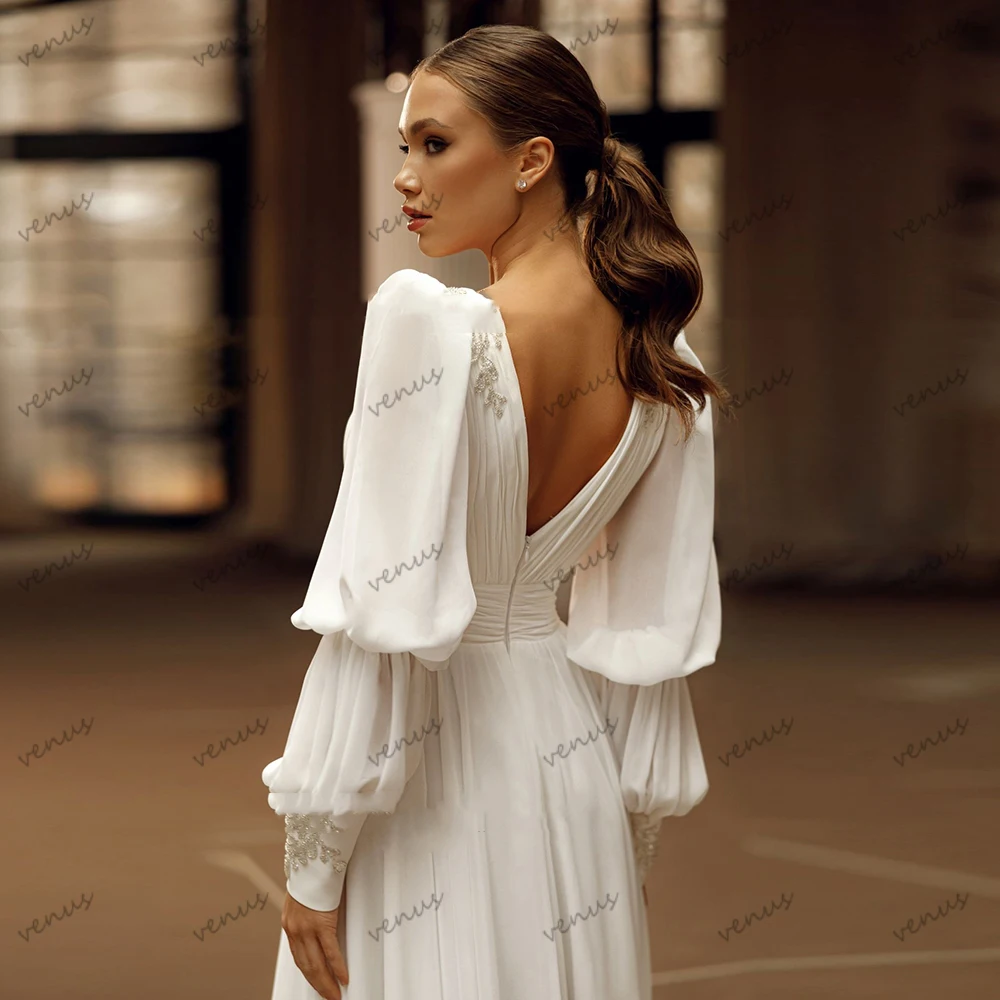 Elegant Wedding Dresses Chiffon Bridal Gowns Long Puff Sleeves Robes Backless Deep V-Neck Sweep Train Graceful Vestidos De Novia