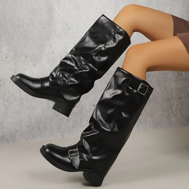 Woman Boots Knee High Platform Chunky Heels Trend Punk Gothic New Rock Leather Fashion Women's Shoes Motorcycle Footwear