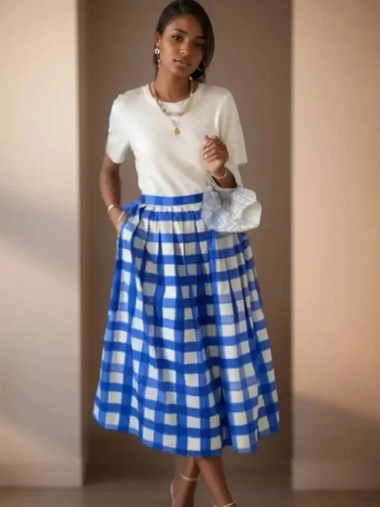 

Women's Blue White Plaid A-line Skirt for Women Summer New Lightweight High Waisted Zipper Female Slim Casual Long Skirt