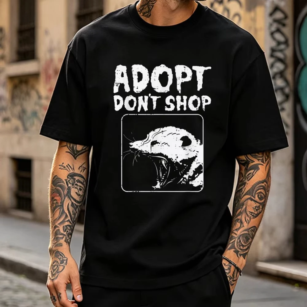 Adopt Don't Shop Rescue Opossum Retro Distressed Graphic Unisex Cotton T Shirt Animal Shelter Advocate Casual Short Sleeve Tops