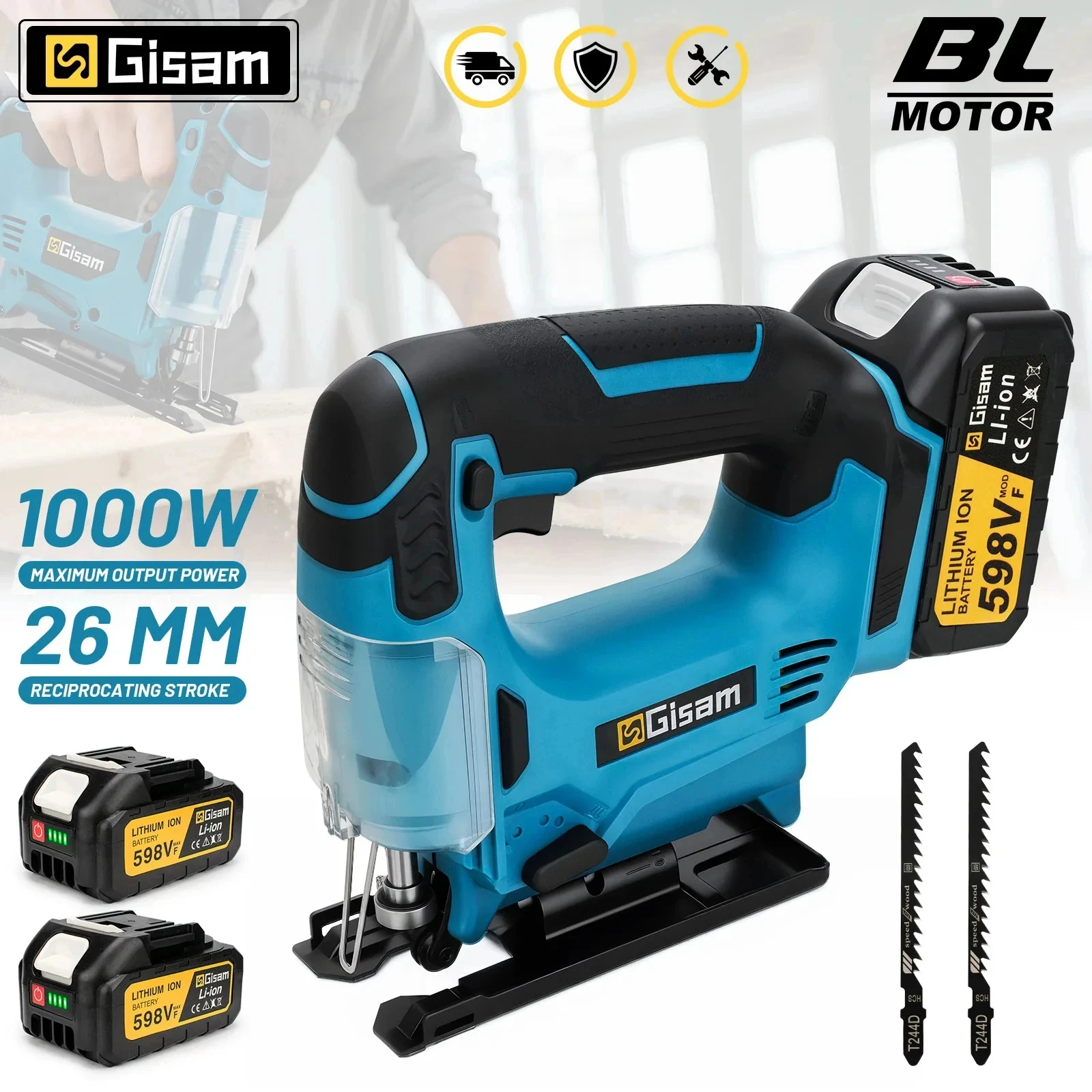 Scie sauteuse électrique sans balais Gisam 26 mm 6000 tr/min, lame réglable, vitesse variable, outil de travail du bois pour batterie Makita 18 V.