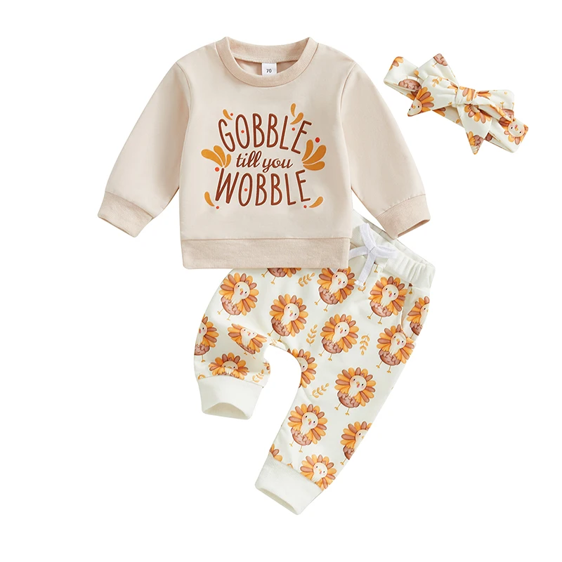 Toddler Girls Autumn Harvest Outfits Thankful Blessed Print Top with Turkey Print Leggings and Matching Headband Set