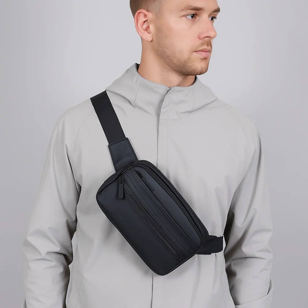 

PU Men's Waist Bag Lightweight Single Shoulder Crossbdoy Chest Bag Multilayer Multifunctional Running Pouch Belt Outdoor