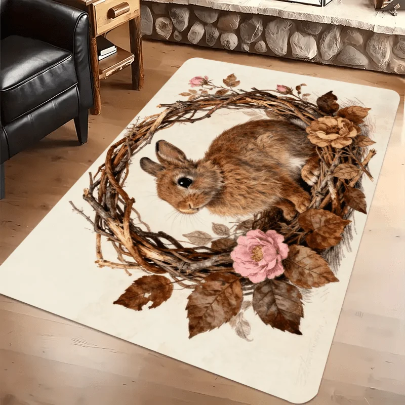Cute Brown Bunny Flannel Rug Rabbit in Vine Wreath with Pink Rose Floor Mat Soft Non-slip Area Carpet for Living Room Bedroom