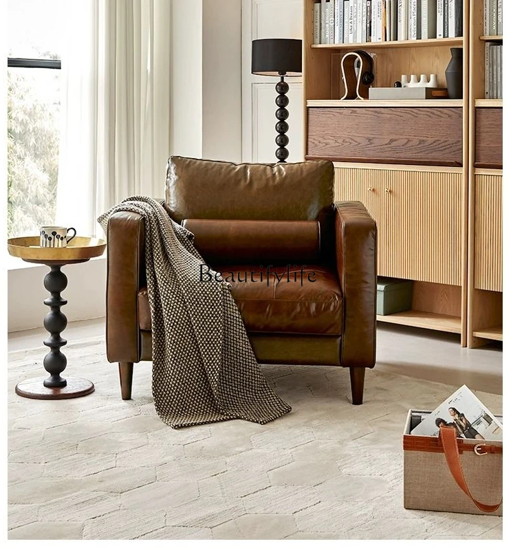 

FG28French Retro Leather Sofa American First Layer Cowhide Living Room Straight Row Sofa Oil Wax Leather