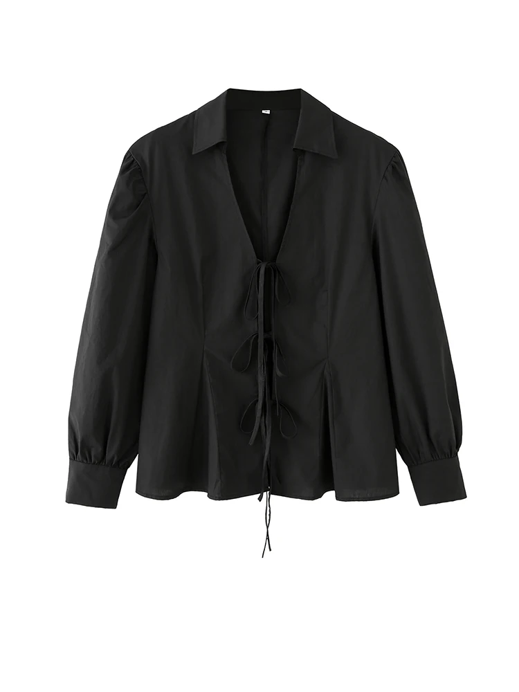 

Женские черные рубашки на шнуровке с бантом и длинными рукавами, осенние хлопковые топы, блузки, элегантные