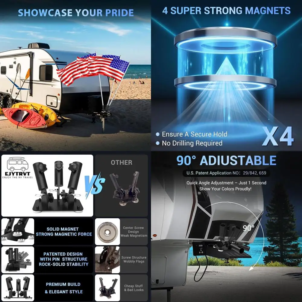 Triple Magnetic Flag Pole Holder for 5th Wheel RV Hitch – Magnets RV Flag Mount with 90° Adjustable Angle, No-Drill Flag Pole Br