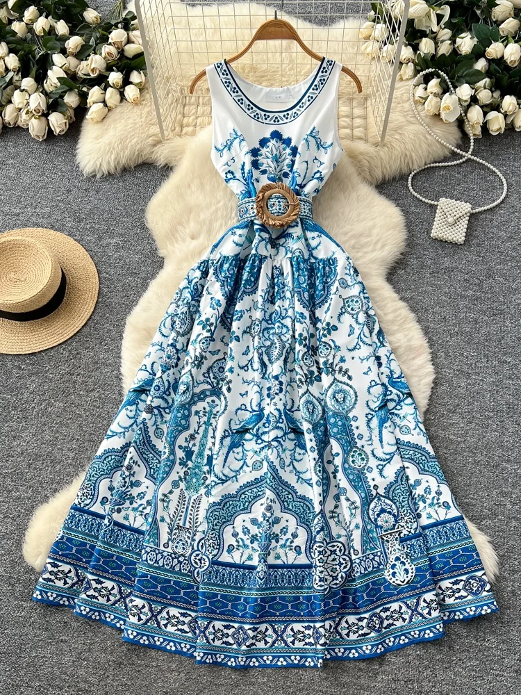 เดรสยาวพิมพ์ลายเอวสูงสำหรับผู้หญิง ดีไซน์ผูกเอวทันสมัย เหมาะสำหรับฤดูร้อนและใส่ไปทำงาน