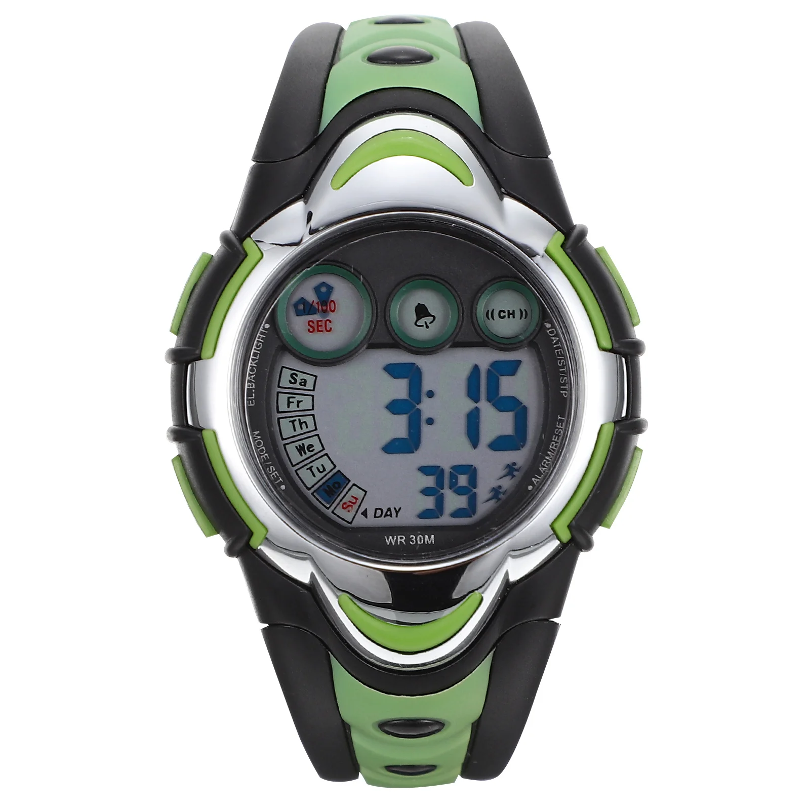 Pse-276 Green Waterproof LED Digital Watch for 30m Durable Hard Plastic Case Rubber Band Supports Month Date Alarm