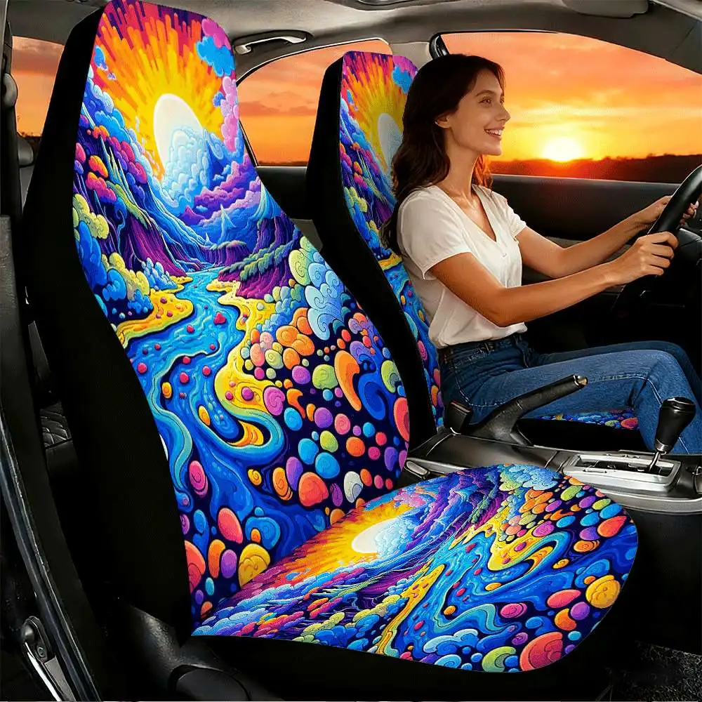 2pcs Colorful Fantasy Landscape Car Seat Covers Suitable For Front Seats, High Back Design, Material, Suitable For Cars, SUVs An