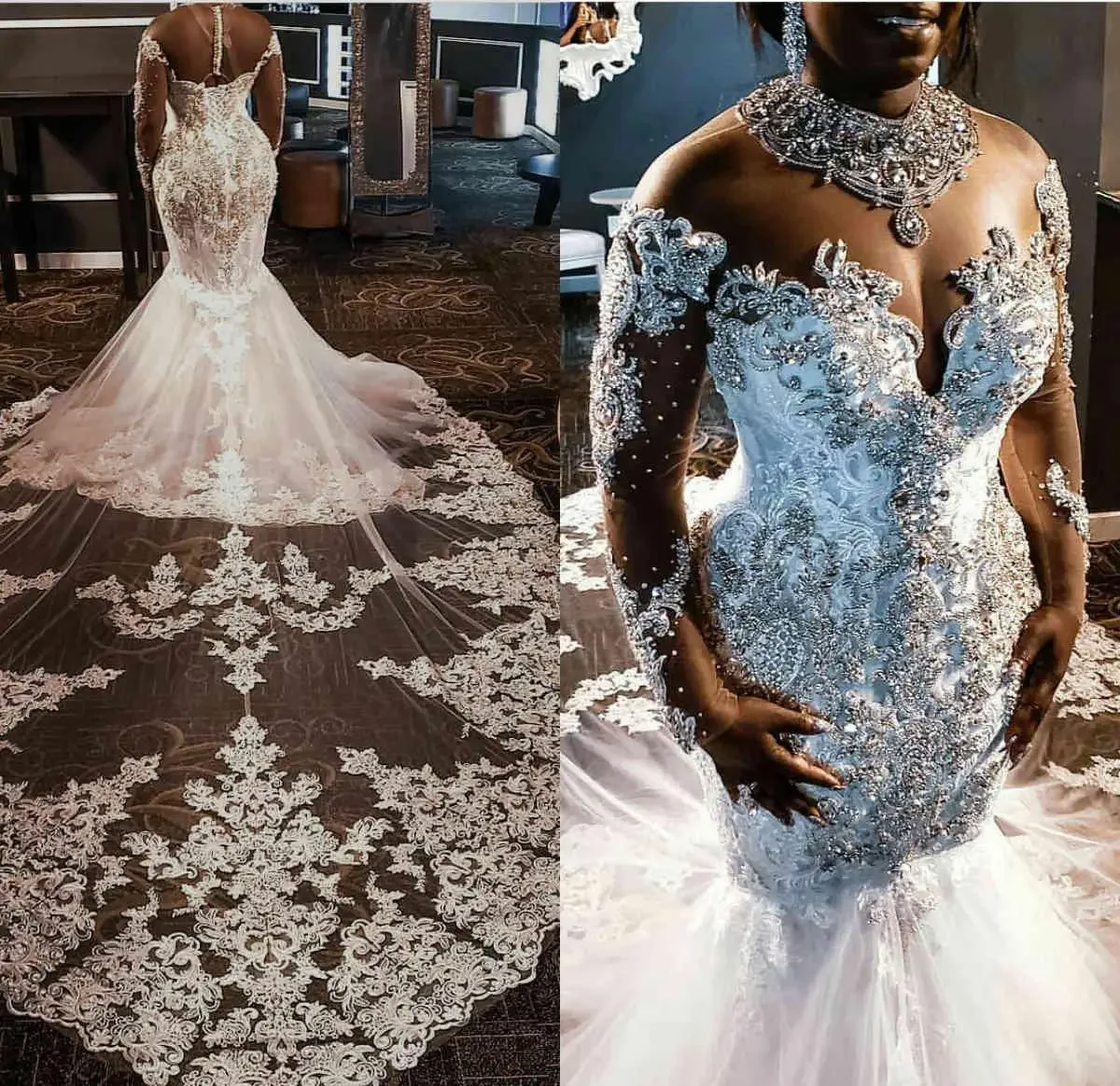 

Customized Plus Size Rhinestones Crystals Lace Beaded Long Sleeve Court Train South African Mermaid Wedding Dress