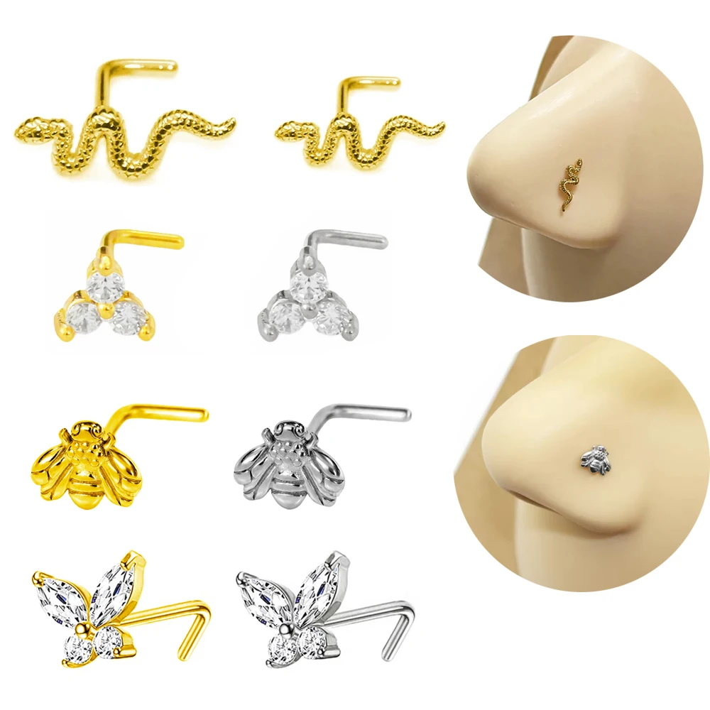 

18g 20g L Shaped Nose Stud The Snake Bee Nose Piercing 100% 316 Stainless Material Body Piercing Jewelry For Men And Women Gift