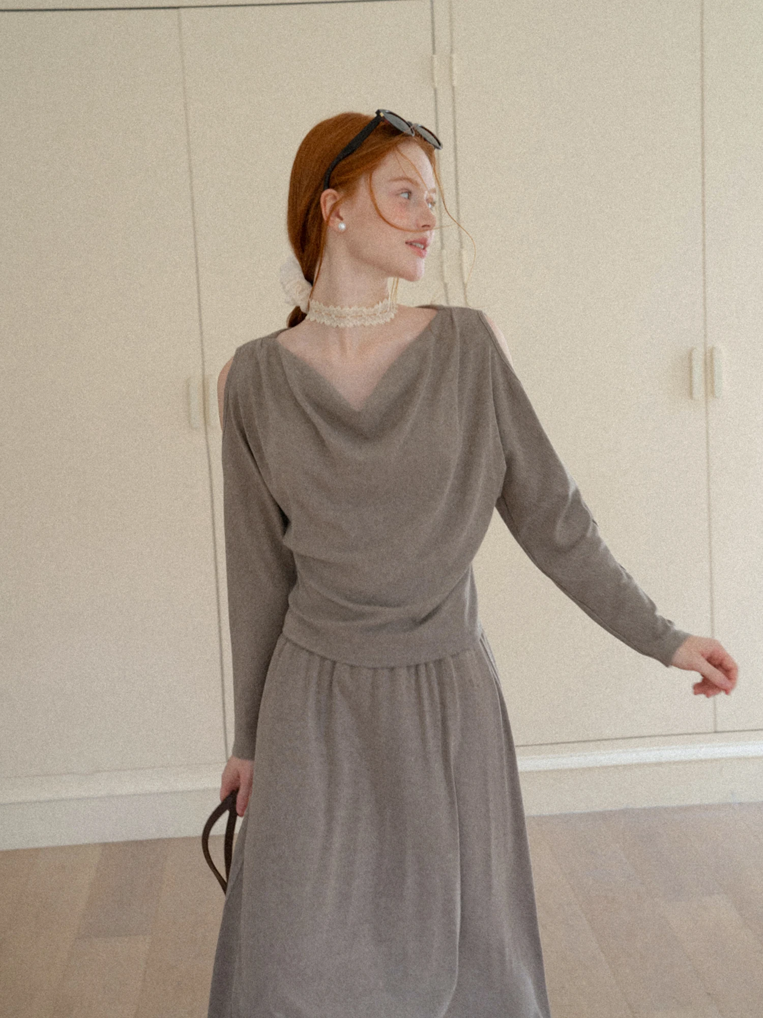 Eggka Shoulder-baring Long Sleeve High Waist Maxi Skirt Set Women's Autumn Fashion Gentle Elegant Style Long Skirt Casual Wear