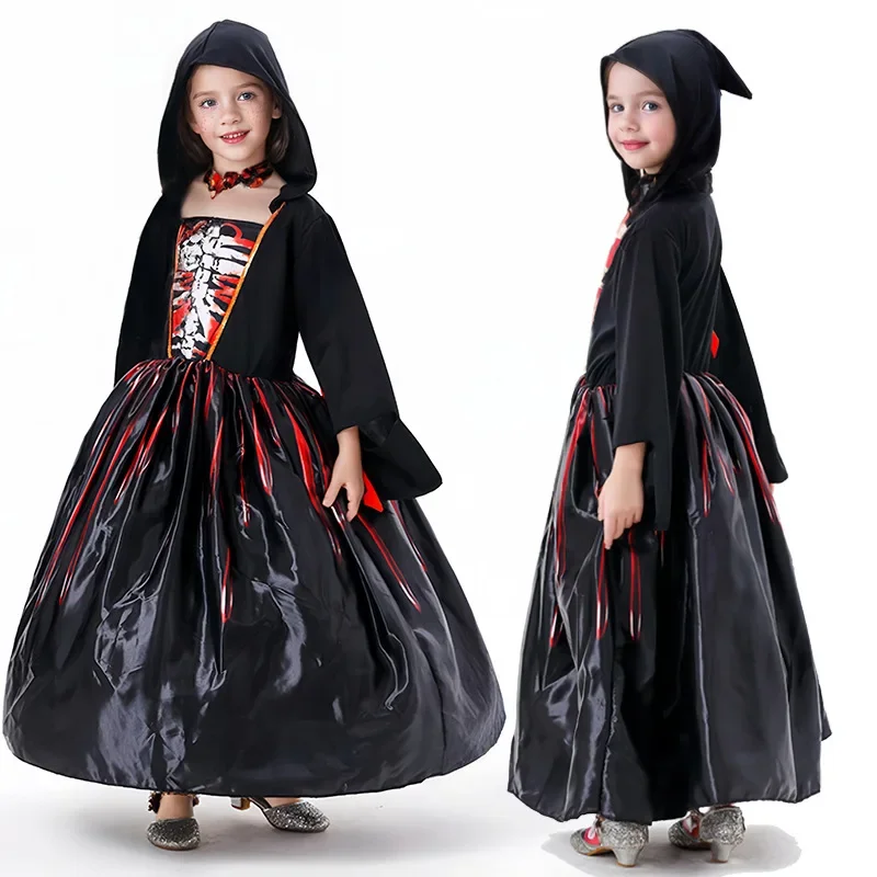 

New Girls Witch Dress Cosplay Costume Black Horror Party Kids Hooded Dress Skirt Halloween Costume